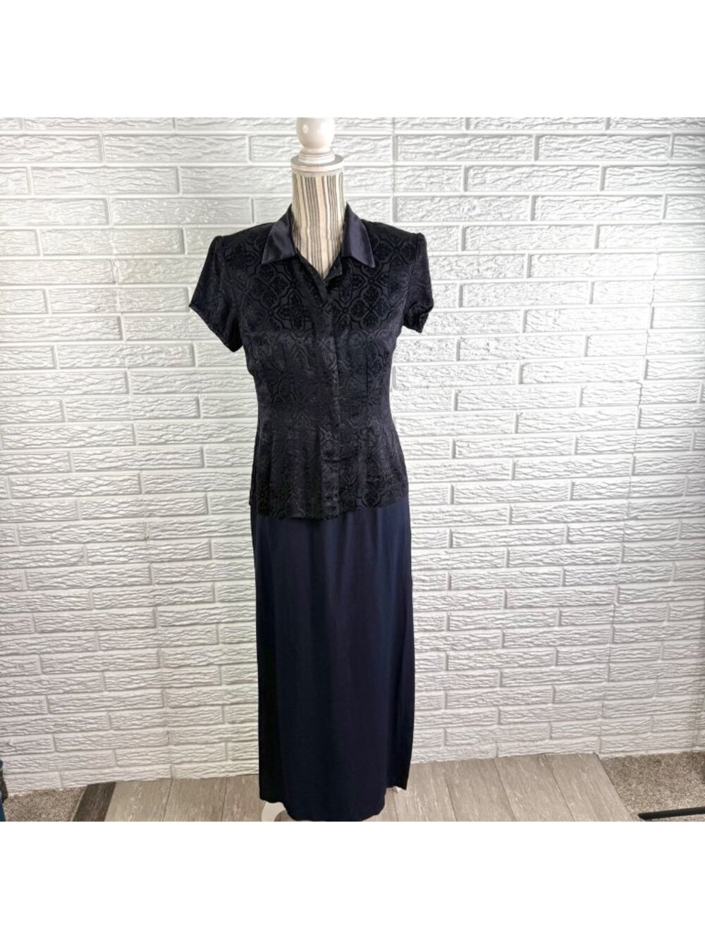 Vtg 90s JBS Ltd Navy Blue 2pc Column Maxi Dress Jacquard Damask Jacket Size 6